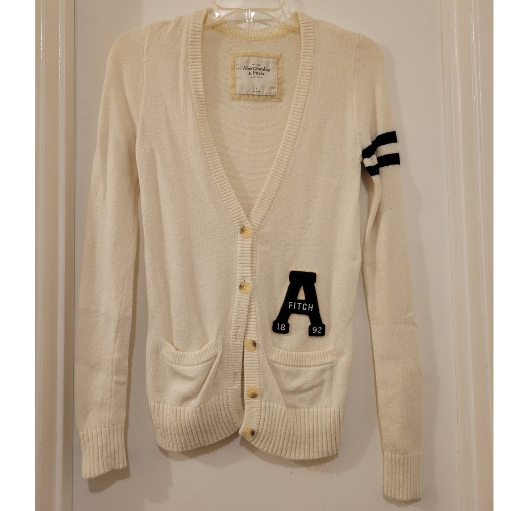 Abercrombie‎ Fitch Cream Knit Varsity Letterman Cardigan Sweater Academic Preppy